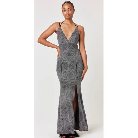 Trixxi Womens Black & White Geometric V-Neck Maxi Dress With Slit Size 1 - Picture 1 of 7